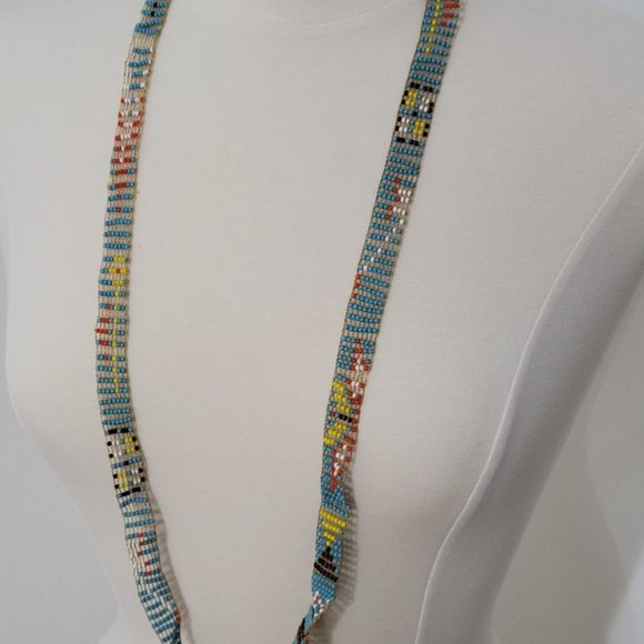 3 Long Loom Beaded Earrings with Thunderbird Design  Antique Seed Beaded Navajo Hand Made Thunderbird design Glass Beads 19\